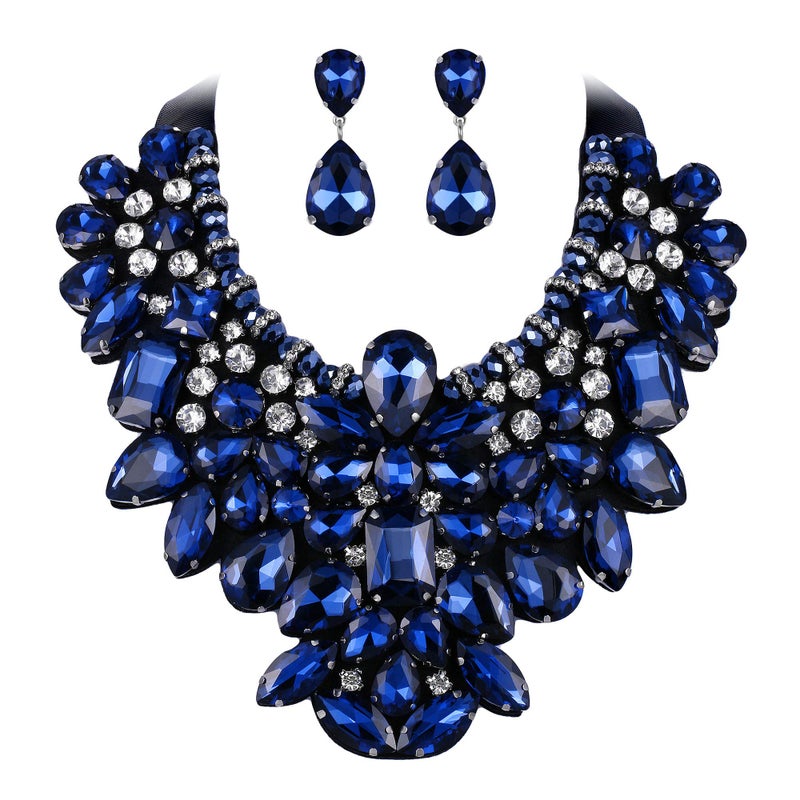 Flyonce Costume Jewelry for Women, Rhinestone Crystal Statement Necklace Earrings Set Dark Blue - Image 1